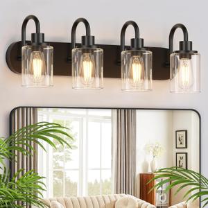 4-Light Vanity Lights for Bathroom, Modern Black Bathroom Light Fixtures Over Mirror, 23.6 inch Bathroom Wall Sconces for Hallway, Bedroom, Living Room with Clear Glass Shade