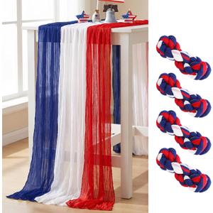RunNico 4 PCS Patriotic Cheese Cloth Table Runner, 120 x 38 Inch 4th of July Sheer Fabric Table Runner, Red White and Blue Gauze Tables Decor for Independence Memorial Day Party Indoor Outdoor Decor