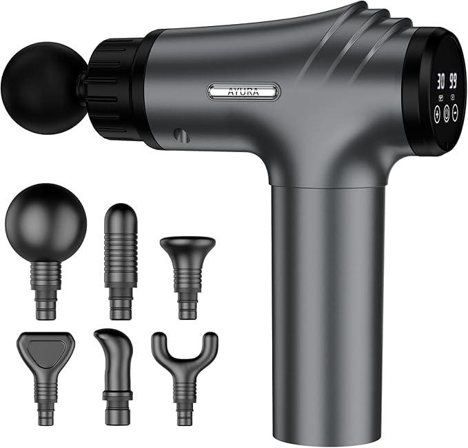 AYURA Massage Gun Deep Tissue, Muscle Massager Gun for Pain Relief, Percussion Massage Gun with 30 Speeds & 6 Heads, Portable Handheld Back Massage Gun for Athlets Men Women (Grey)