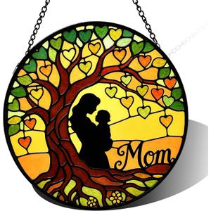 Nacome Tree Stained Glass Window Hanging: Mothers Birthday Day Gifts for Mom Women Grandma - Colorful Sun Catchers Tree of Heart Glass Panel Suncatcher for Indoor Outdoor Decor(6.3in)