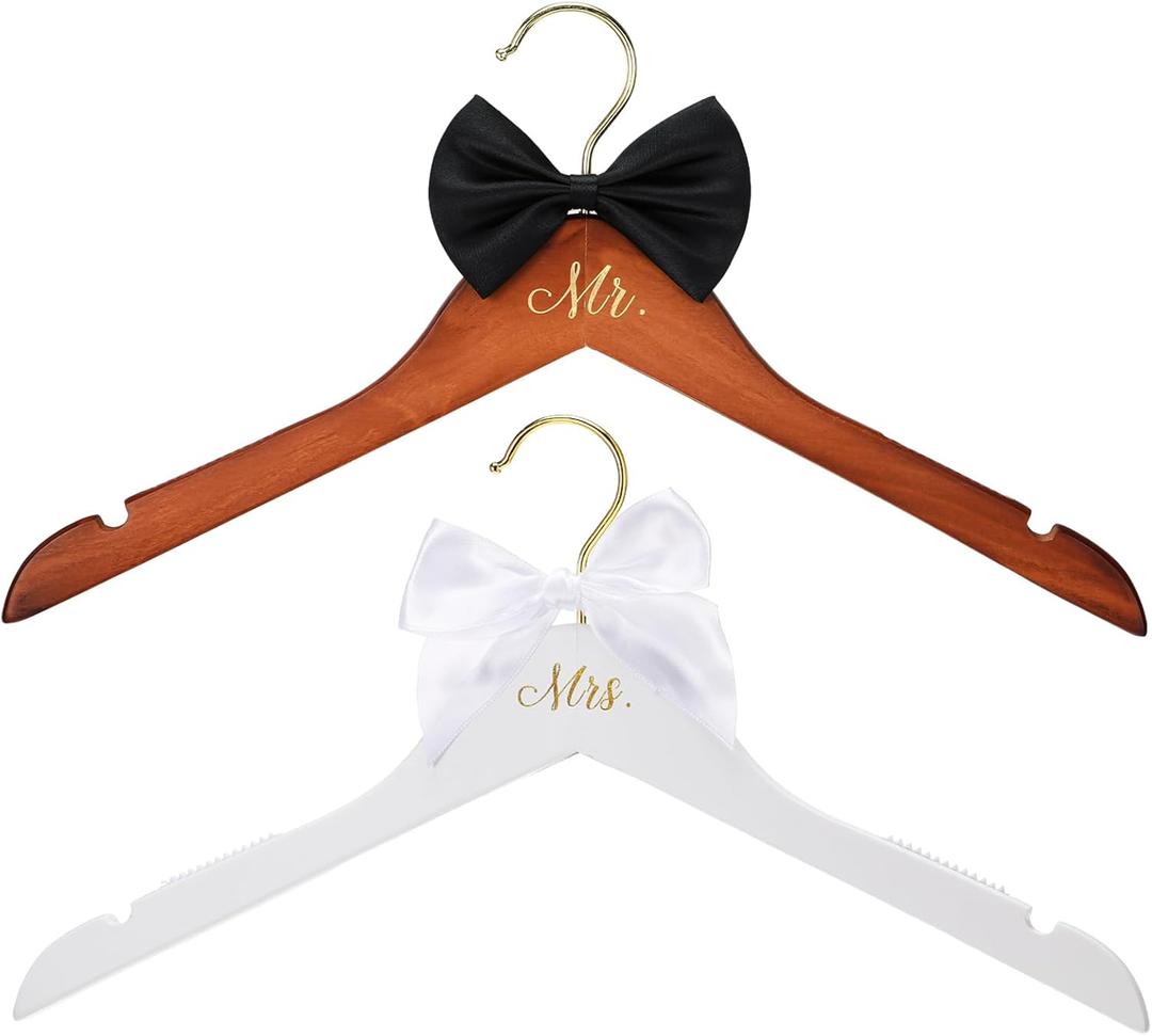 2 Pcs Bride Hanger Bride and Groom Wooden Wedding Dress Hanger Set with Bow Tie for Tuxedo Suit Wedding Gift Bridal Party Shower