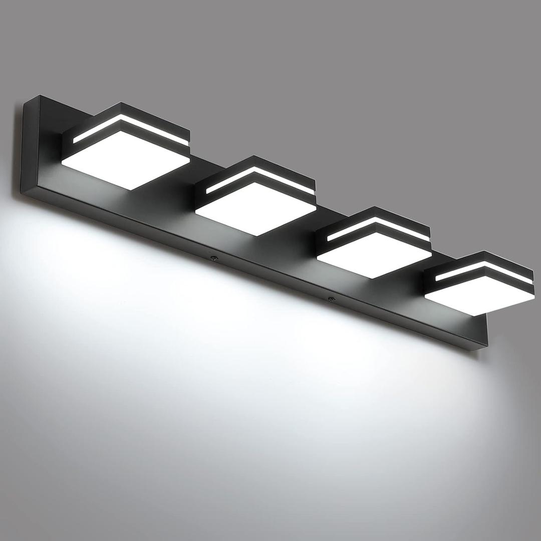 SineRise LED Modern Bathroom Vanity Light Fixtures (4-Light, 30-Inch), Matte Black Modern Acrylic Bathroom Wall Lighting Fixtures Over Mirror (Cool White 6000K) (Matte Black- Non-dimmable)