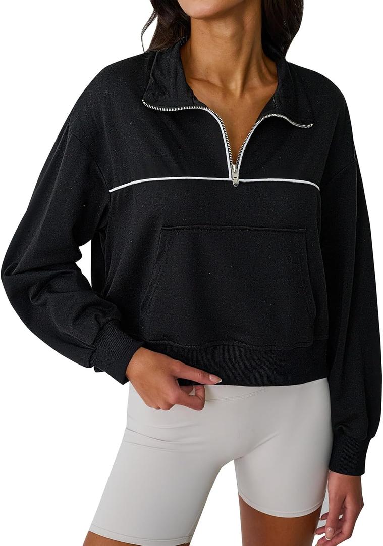 Avanova Women Half Zip Pullover Collared V Neck Pockets Long Sleeve Sweatshirts Black 3X-Large (Black, XXXL)