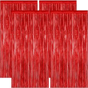 4 Pack Red Backdrop, 3.28 FT x 7.05 FT Party Streamer, Metallic Birthday Tinsel Backdrop Foil Fringe Curtains, Door Streamer for Red Party Decorations Casino Decor Photo Booth Props