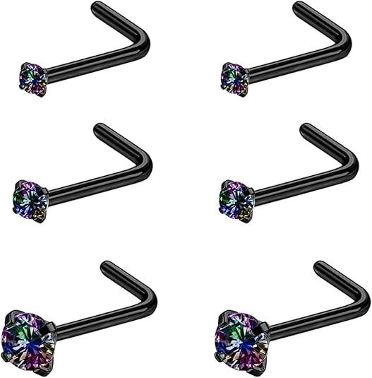 4-6pcs 20g Nose Rings Studs Surgical Steel Nose Rings CZ L Shaped Corkscrew Nose Ring Studs for Women Men Small Cute Silver Rose Gold Black Nose Rings Stud 1.5mm 2mm 2.5mm 3mm Nostril Piercing jewelry
