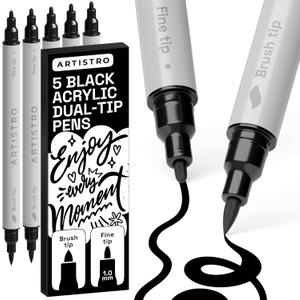 ARTISTRO 5 Black Acrylic Paint Markers - Paint Pens for Drawing, Brush + Fine Tips - For Fabric, Rock, Glass, Wood, DIY, Eggs - Art & Craft Supplies for Adults, Teens, Kids - Easter Basket Stuffers