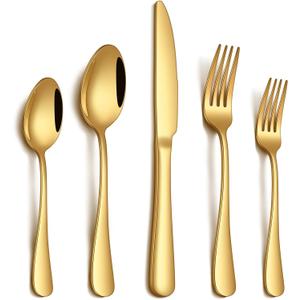 20 Piece Gold Silverware Set, Stainless Steel Flatware Set for 4 Food Grade Cutlery Utensil Set Include Knife Fork Spoon Mirror Polished Dishwasher Safe