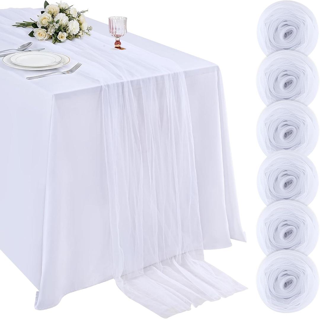 White Gauze Table Runner 10ft 120 Inch Tulle Fabric Seasonal Sheer Kitchen Dining Centerpieces Wedding Baby Shower Birthday Holiday Table Decor for Home Party