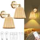Frideko Rattan Rechargeable Battery Operated Wall Sconces Set of Two with Remote, 3 Colors Dimmable Wireless Wall Light, 5200mAh Indoor Wall Lamp with 4 Timer, Boho Sconces Wall Lighting for Bedroom (Gold)