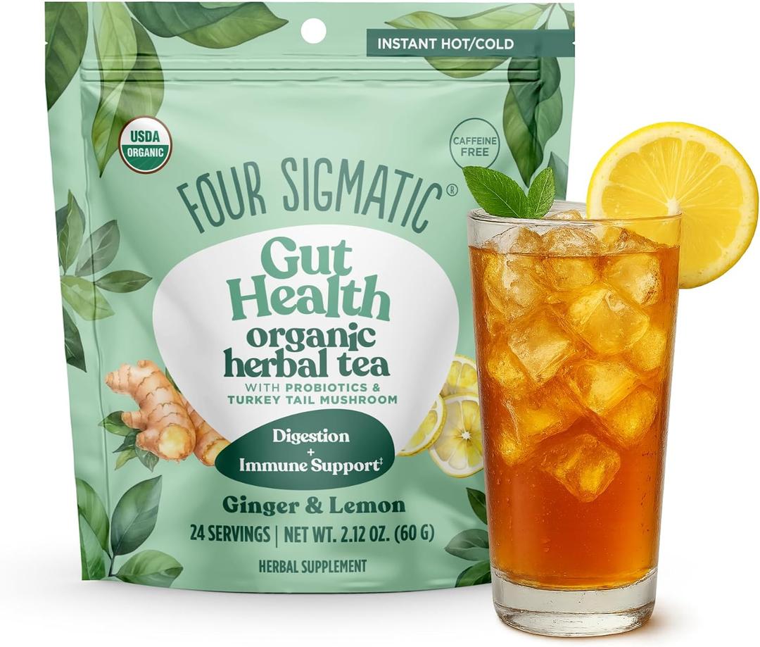 Four Sigmatic Gut Health Organic Herbal Tea | Organic Lemon Ginger Tea with Probiotics & Turkey Tail Mushroom | Instant Digestive Tea | Vegan, Gluten-Free | Lemon Ginger, 24 Servings (EXP 08/31/26)