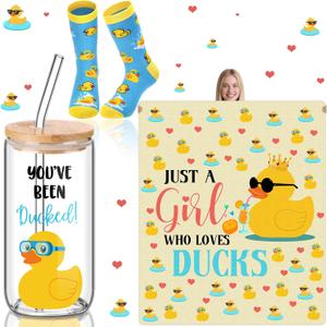 3 Pcs Duck Gifts for Girls Women Rubber Duck Stuff Lover Include 60'' x 50'' Throw Blanket Glass Cup Socks Animal Lover Accessories for Valentine's Day Teacher Mom Daughter