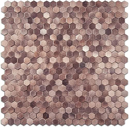 KASARO Peel and Stick Backsplash Tile for Kitchen, 3D Hexagon Penny Metal Mosaic Tiles, 8 Pieces Self Adhesive Wall Tiles Decorative for Living Room, Bathroom, Fireplace, 12”x12”, Rose Gold