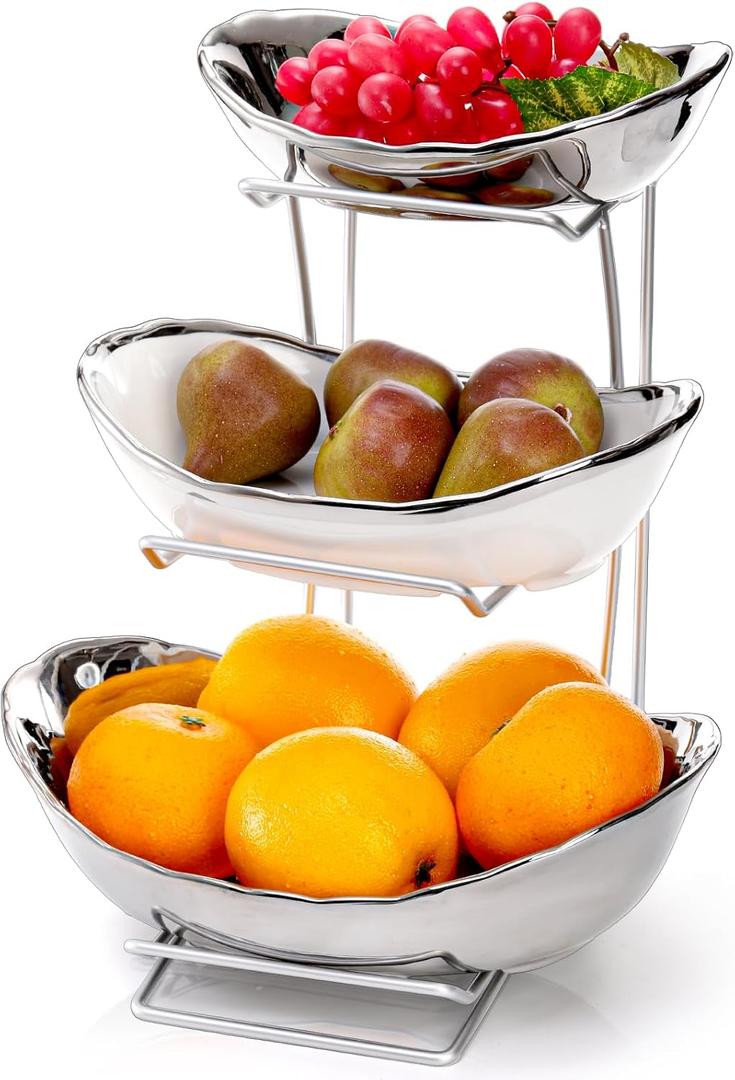 Goaste 3 Tier Ceramic Fruit Bowl, Oval Tiered Serving Bowl Set, Porcelain Fruit Basket with Metal Stand, Large Detachable Fruit Storage Holder Rack for Kitchen Counter, Vegetable, Cake, Dessert, Salad