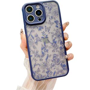 for iPhone 13 Pro Max Case, Flowers Butterfly Slim Hard PC Frosted Shockproof Drop Protection Cover, Translucent Matte Floral Phone Case for Women Girls 6.7" - Blue