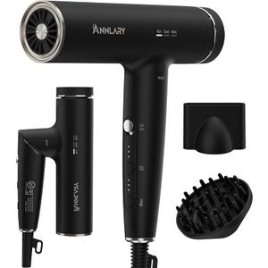 Plasma Ion Hair Dryer with Diffuser for Curly Hair, 110000 RPM Professional High Speed Blow Dryer with Plasma Ion, 1500W Foldable Travel Hairdryer with 6.5 Ft Cord Fast Drying for Women Men