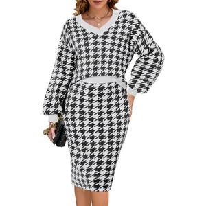 Pink Queen Women's 2 Piece Outfits Set Knit V Neck Batwing Long Sleeve Loose Top Bodycon Midi Skirt Sweater Dresses (M)