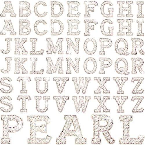Canlierr 52 Pcs Self Adhesive Pearl Rhinestone Letter Patches Rhinestone A-z Glitter Pearl Sew on Patches Bling Letter Sticker Appliques Fabric Craft for DIY Clothes Bags Hats(Classic Style)