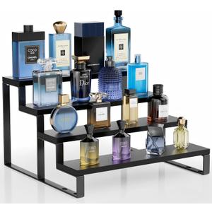 Wood Cologne Organizer for Men,12 Inch 4 Tier Cologne Stand Waterproof Perfume Organizer for Dresser with Anti-Slip Washers,Wooden Display Risers Stand for Party,Makeup,Figures,Cupcake,Perfume,Dessert