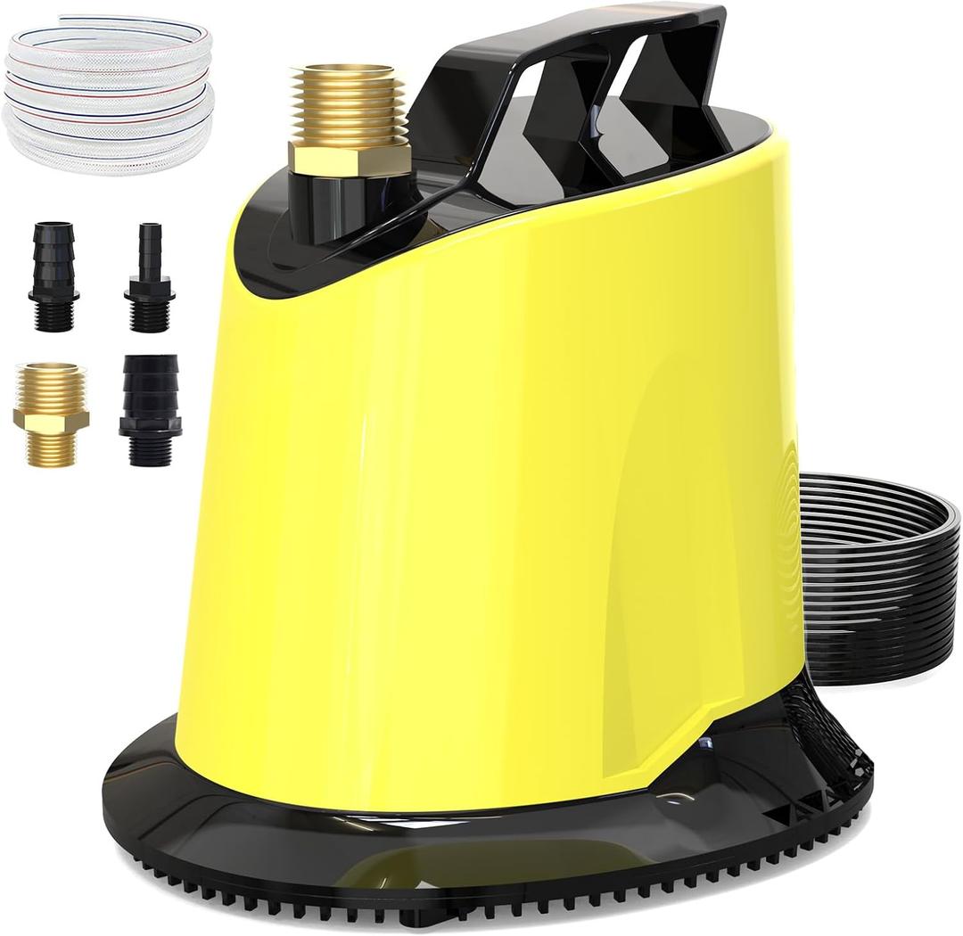 AgiiMan Sump Pump - 125W 1000GPH Submersible Water Pump with 16ft Drainage Hose, 25ft Extra Long Power Cord & 4 Hose Adapters, Water Pump for Basements, Pool Fountains, Hot Tub, Garden Pond, Yellow