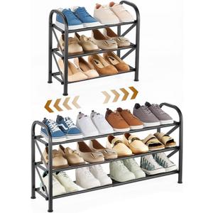 3-Tier Expandable Shoe Rack for ClosetAdjustable Shoe RackBlack Metal Free Standing Shoe Rack for Entryway Closet Doorway (3 Layers and 2 Tubes)