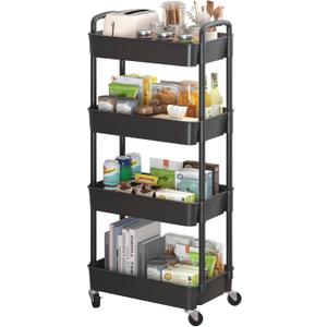Sywhitta 4-Tier Plastic Rolling Utility Cart with Handle, Multi-Functional Storage Trolley for Office, Living Room, Kitchen, Movable Storage Organizer with Wheels, Black