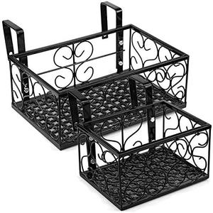 Tosnail Set of 2 Pack Rectangular Metal Railing Plant Stand, Large and Small Flower Pot Holder, Fence Planter Tray for Indoor Outdoor Use - Black