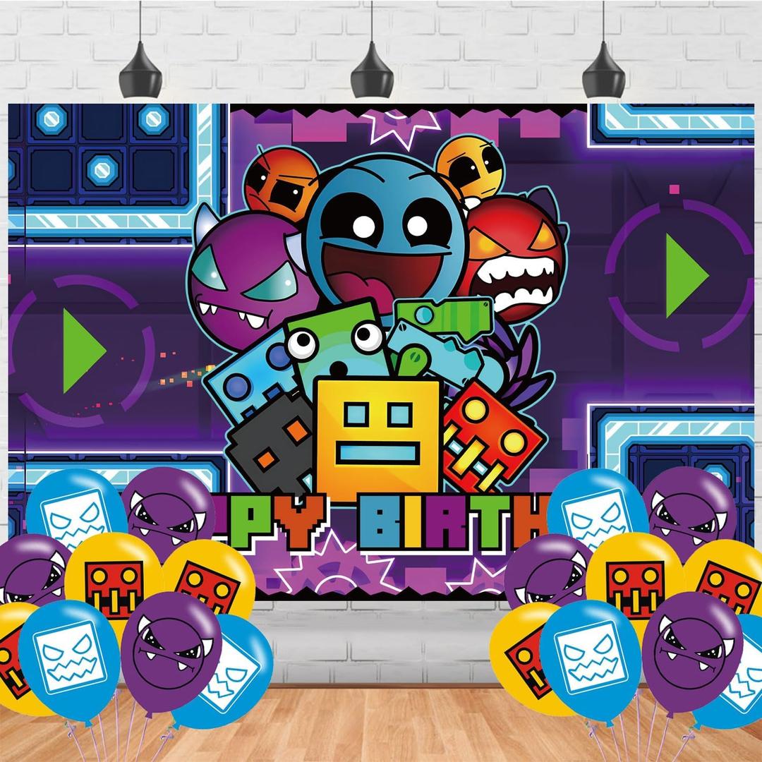 Geometry Aesthetic Dash Birthday Party Backdrop,Geometry Aesthetic Dash Party Decoration,Cartoon Game Birthday Banner Shoot Photo Backgrounds Props for Boys and Girls Party 5x3ft