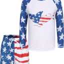 Boys Two Piece Rash Guard Swimsuits Set with Swim Trunk Kids Long Sleeve Bathing Suit Swimwear Set Flag Star Shark Size 14/12-14 Years