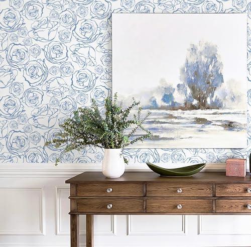 Safiyya 118'' × 17.3'' Peel and Stick Wallpaper Blue and White Contact Paper Floral Rose Wallpaper Boho Removable Wall Paper for Bedroom Vinyl Rolls, 2 Pcs