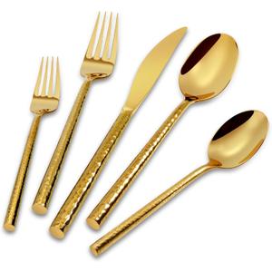 Gold Silverware 18/10 Stainless Steel 40-Piece Mirror Polishing Flatware Round Hammered Cutlery Set Service for 8