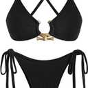 ZAFUL Women's Sexy Cutout Bikini Set High Cut Textured Metal Ring Cheeky Swimsuit Two Piece Bathing Suit (M)