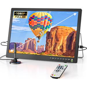 Desobry 17 Inch Portable TV with Antenna, Portable Small TV with ATSC Tuner, Battery Operated TV Portable Monitor Built-in TV Stand, Mini TV for Kitchen, Bedroom, Camping, RV, Support HDMI, AV, USB