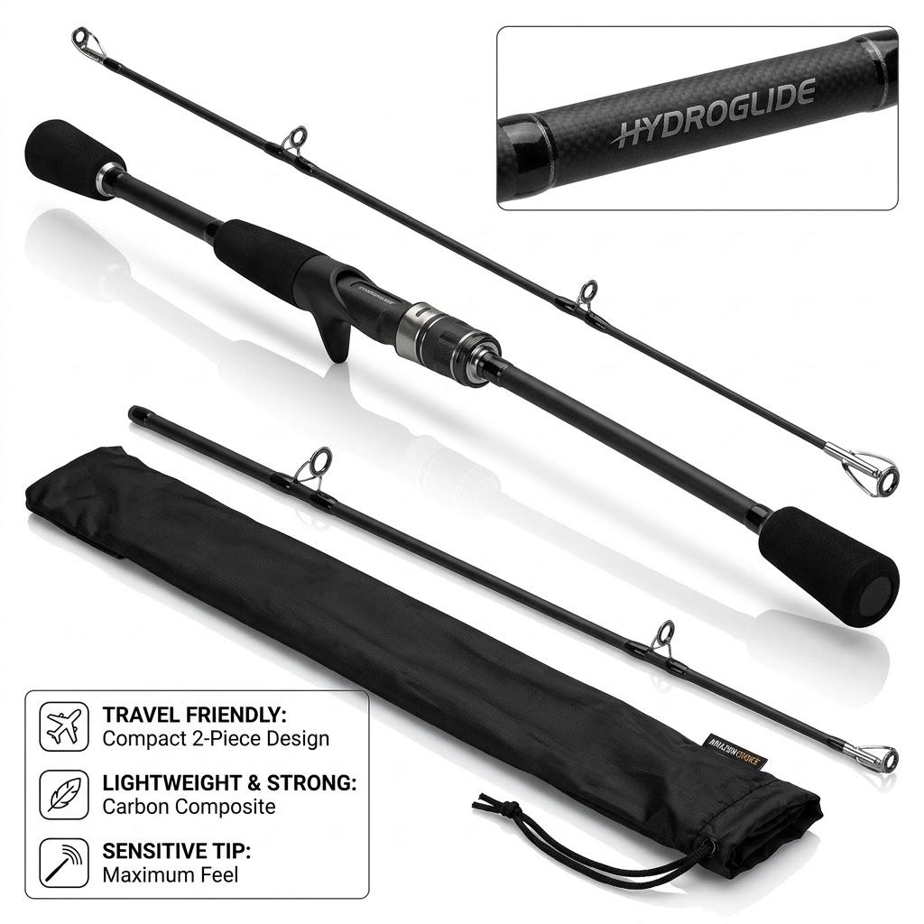 Hydroglide Carbon Fiber Fishing Rod – 2-Piece Portable Casting Rod with EVA Foam Handle & Carrying Bag for Freshwater & Saltwater Fishing,  6 ft