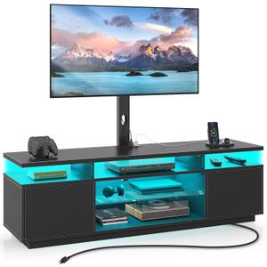Rolanstar TV Stand with Mount and Power Outlet 59.1", Swivel TV Stand Mount for 32/ 45/ 55/ 60/ 65/ 70 inch TVs, Height Adjustable Modern Entertainment Center with Storage & LED Lights, Black TV Table