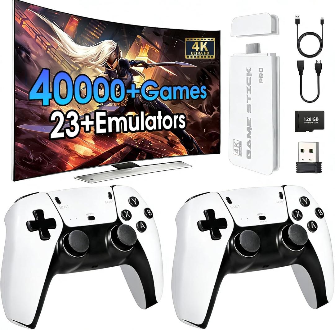 2025 New Retro Game Console,40000+Games and 23 Emulators, with Dual 2.4G Wireless Controllers, Plug and Play 4K HD HDMI TV Game Stick White