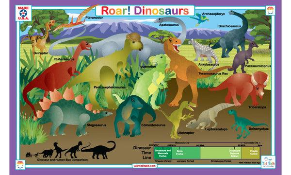 Tot Talk Roar Dinosaurs Educational Placemat for Kids – Made in USA – Durable, Double-Sided, Dinosaur placemat with Animal Facts, Coloring & Multilingual Names– Waterproof Wipeable, 17.5” x 11.5”