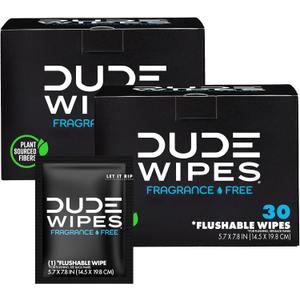 DUDE Wipes - On-The-Go Flushable Wipes - 2 Pack, 60 Wipes - Unscented Extra-Large Individually Wrapped Adult Wet Wipes - Vitamin E & Aloe - Septic and Sewer Safe