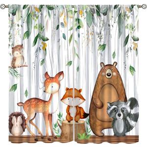 YCness Forest Animal Curtains, Watercolor Wild Animal Bear Fox Deer Kids Window Treatments for Living Room Bedroom,Green Woodland Tree Kids Drapes 2 Panel Sets,42x45 Inch, Style-2