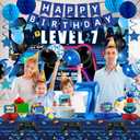 Video Game 7th Birthday Decorations for Boys, Blue Level 7 Party Decor Kits for Boy, 7 Years Old Game Supplies- Backdrop Honeycomb balls Hanging Swirls Centerpieces Balloons Tablecloth Cake topper