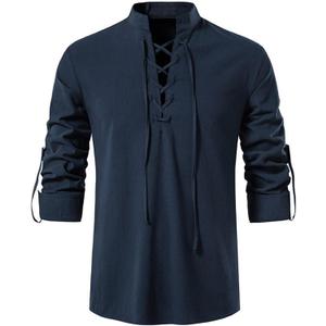 AOTORR Men's Long Sleeve Shirts Retro Style Lace up Medieval Hippie Viking Cosplay Pirate Top Renaissance Costume, Large