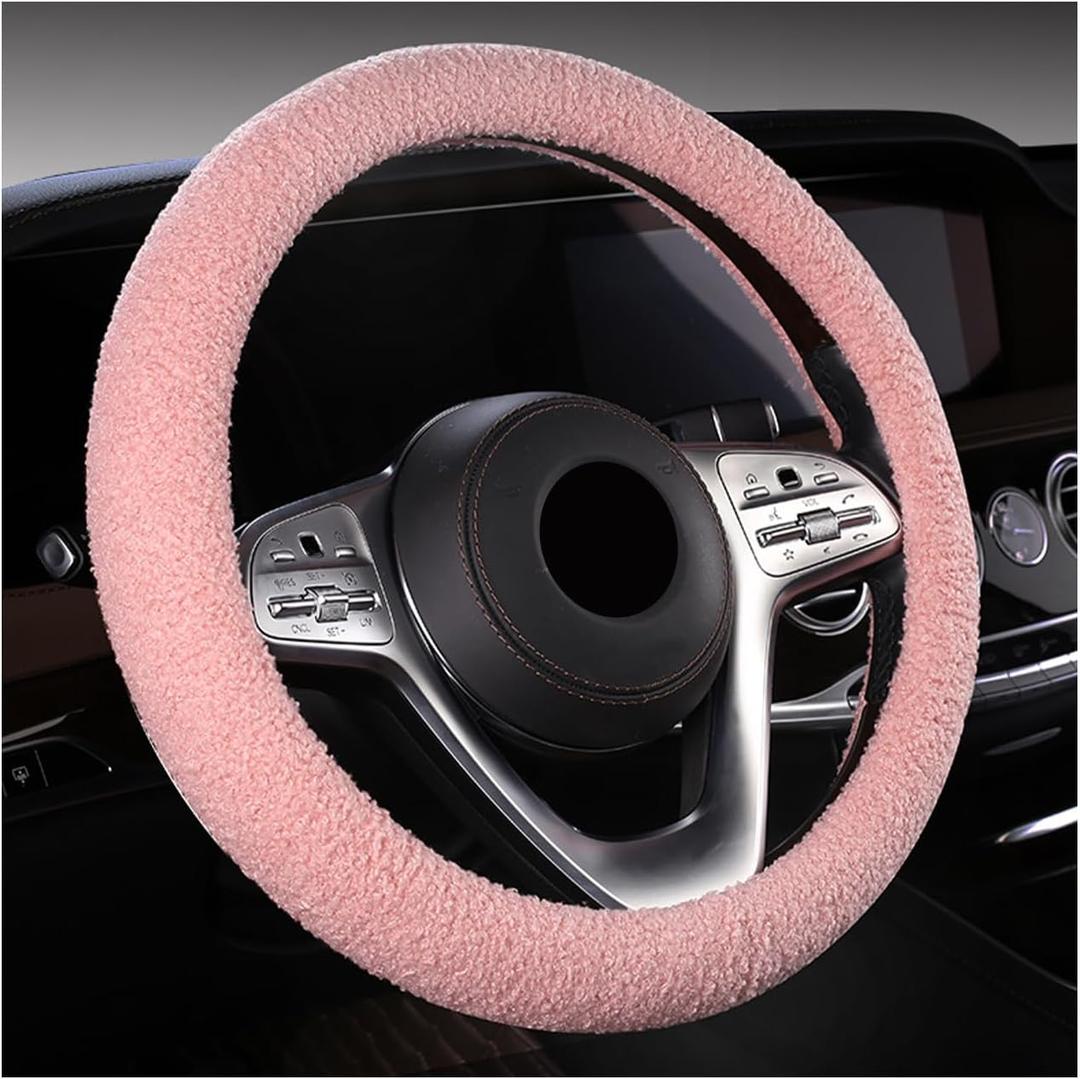 KVAEY Furry Car Steering Wheel Cover, 15.5-16" Fuzzy Fleece Plush Non-Slip Steering Wheel Cover, Warm Winter Decoration (Pink)