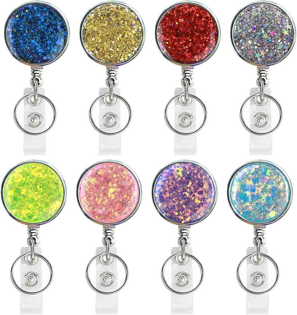 Boutilon Retractable Badge Holder, Retractable Badge Reels,Lightweight Plastic Badge Reel Card Holder with Key Ring Backing Belt Clip for Nurse,Volunteer,Teacher,Student(8 Pack Bling Bling)
