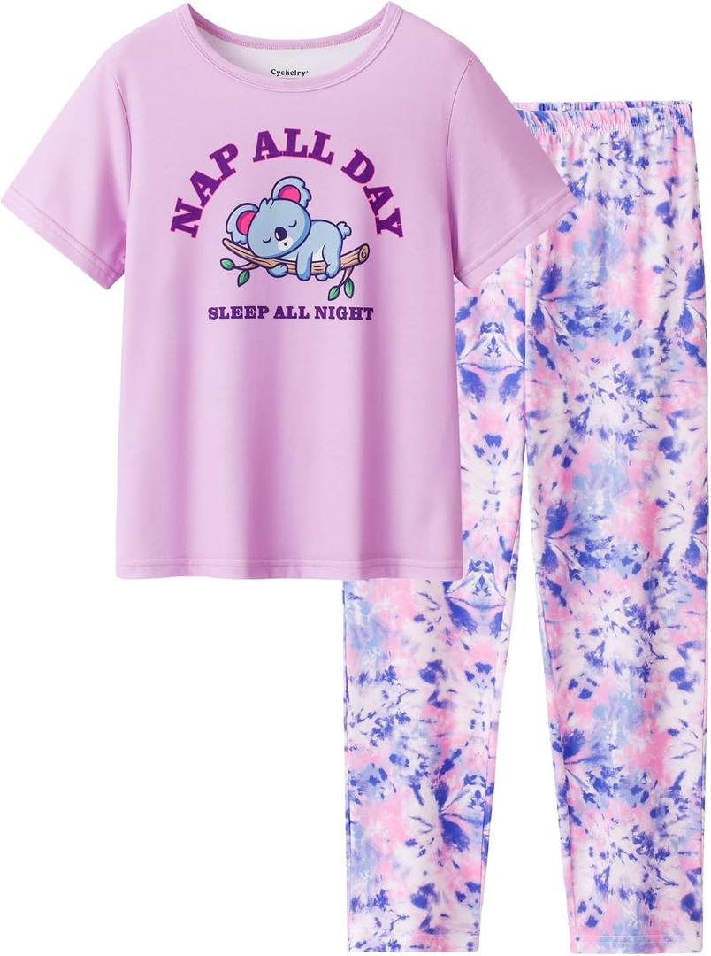 Little Big Girls Pajamas 2PCS Set Soft Cartoon Short Sleeve with Tie Dye Pants Sleepwear Teens PJS Clothes Size 6-16 (Pink, S)