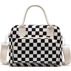 Lunch Bag Women Lunch Box for Women Adult Cute Insulated Lunch Bag Lager Cooler Lunch Tote Bags for Work Picnic (Black-White Plaid)