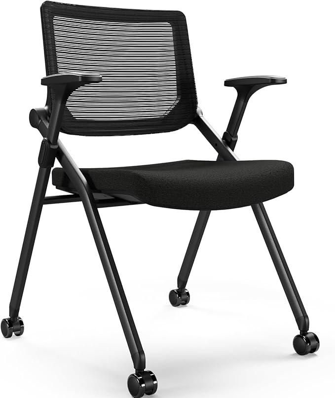 FYLICA Foldable Office Chair with PU Wheels and Smooth Armrest-Ergonomic Mesh Bouncing Back, Stackable Conference Room Chair, Office Guest & Reception & Meeting Chair (Black)