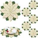 6 Pcs Holiday Christmas Embroidered Placemats Double Layer Applique Poinsettia Christmas Flower Placemat for Dining Holiday Table Decoration (Elegant Style, 14 x 14 Inch)