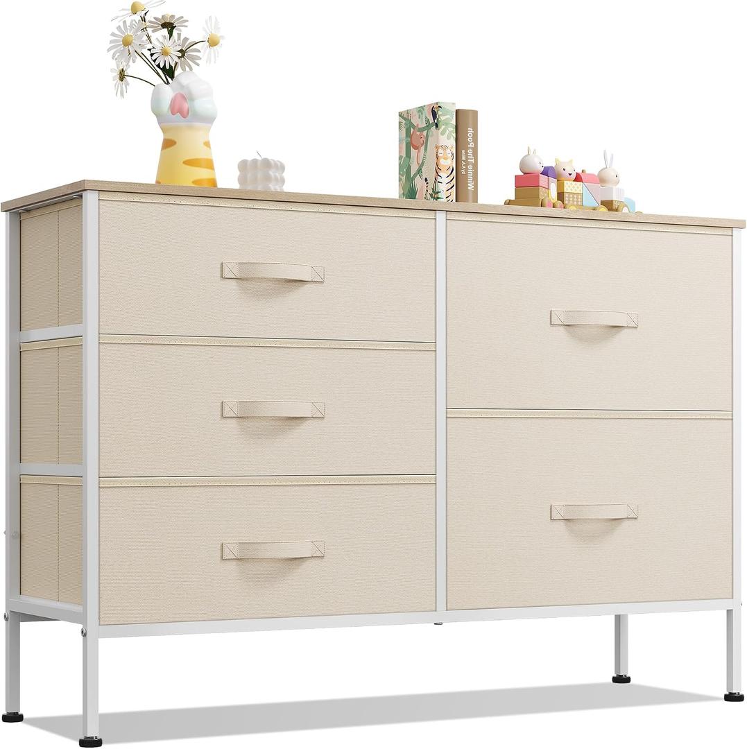 WLIVE 5 Drawer Fabric Dresser for Bedroom, Wide Storage Chest, Cream