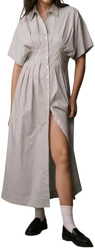 Burtell Women Casual Striped Button Down Pleated Shirt Maxi Dress Summer Lapel V Neck Short Sleeve Empire Waist Long Dress XL