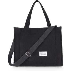 UERRUAM Corduroy Tote Bag for Women Work Crossbody Purse for Everyday,College, Travel,Lightweight Handbag Adjustable Strap (Small, Black)