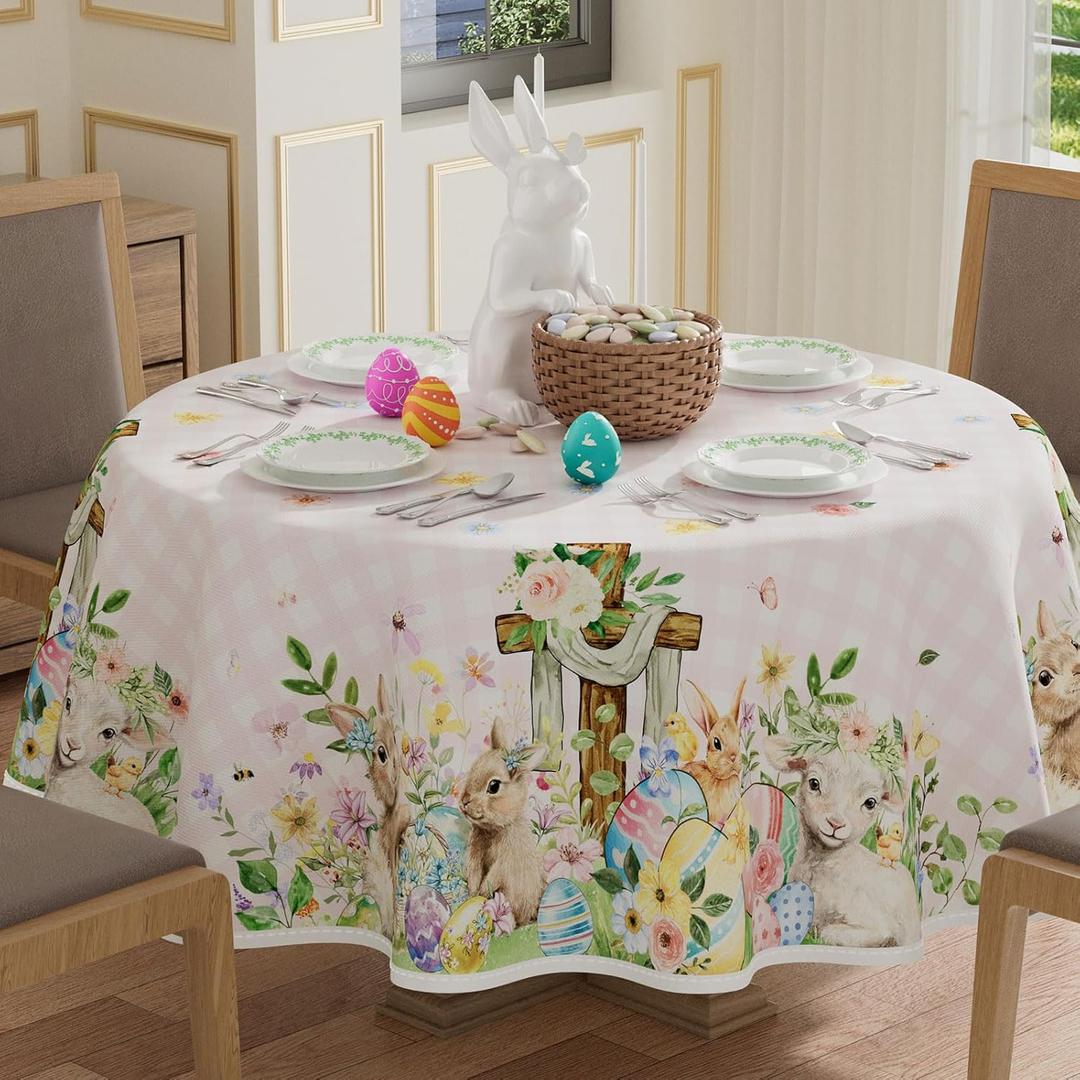 XCHI Plaid Bunny Lamb Eggs Chick Cross Flowers Rabbit Easter Tablecloth Round Table Cloth Washable Table Covers for Indoor Dining Home Party Decorations 60x60 Inch